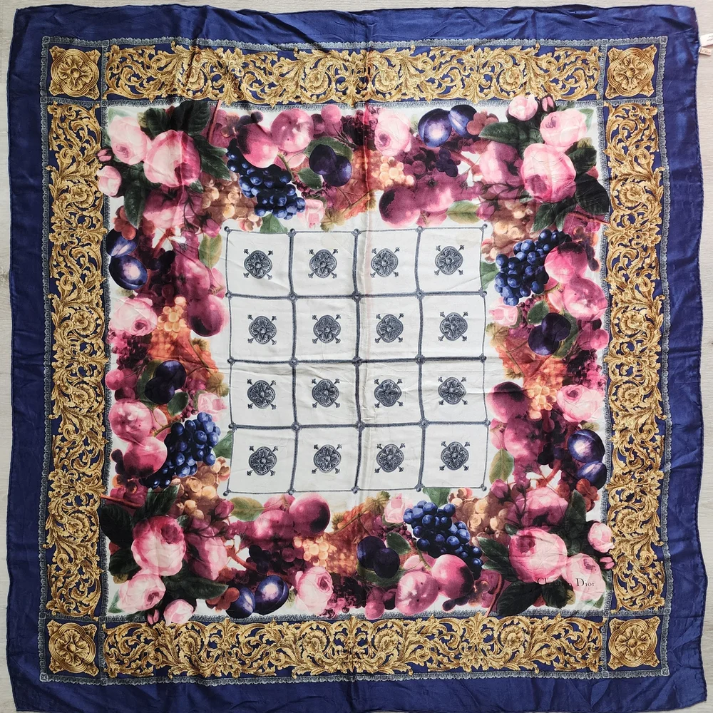 Auth Dior Blue and Gold Floral Fruit Silk Scarf